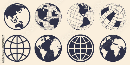 Set globe icons black colour design with flat style world map vector template. Earth globe icons. earth hemispheres with continents. world map set.