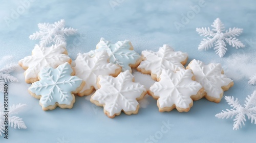 Snowflake cookies, surrounded by delicate winter decorations.