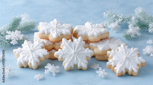 Snowflake cookies, surrounded by delicate winter decorations.