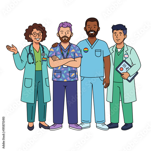 Diverse smiling medical team standing together wearing lgbtq pride pins and colorful lanyards