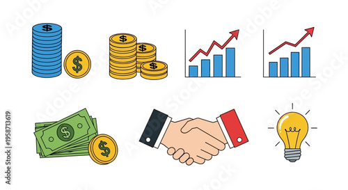 Business icons show money growth and handshake