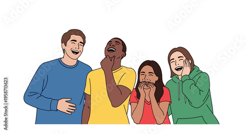 Four friends laugh together in a joyful moment of surprise and amusement indoors.