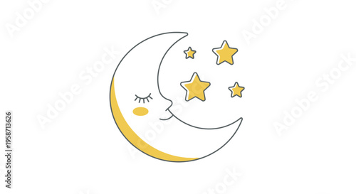 A smiling moon with closed eyes sleeps peacefully under a cluster of stars.