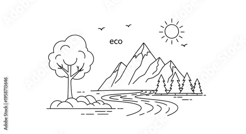 A serene landscape with a tree, river, mountains, and sun on a beautiful eco friendly day
