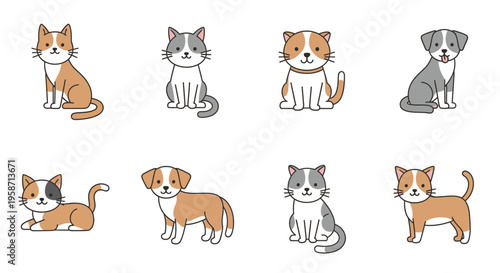 Illustrations of cats and dogs in various poses on a white background