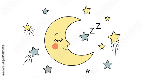 A smiling crescent moon sleeps peacefully surrounded by stars at night.