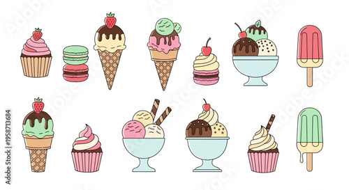 Colorful illustrations of assorted desserts on display