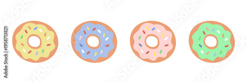 Kawaii donut characters set with colorful glaze and sprinkles. Cute cartoon icons for kids party invitations and sweet stickers