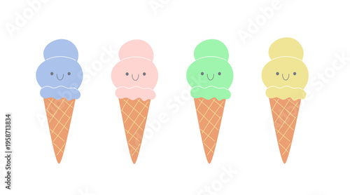 Kawaii ice cream characters set with smiling faces in pastel colors. Cute cartoon icons for kids party invitations and summer stickers.