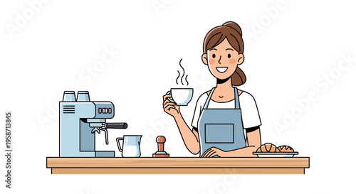 Woman enjoys coffee at counter with pastries and espresso machine nearby.