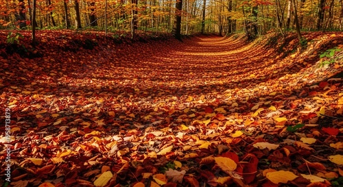 Serene Autumn Forest Path Covered with Vibrant Fallen Leaves in Warm Tones