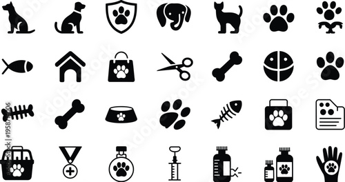 Pet Care Icons, Dog Cat Paw Print Veterinary Tools Grooming Supplies, Animal Welfare Symbols, Vet Clinic, Pet Shop Vector Illustration Collection Set