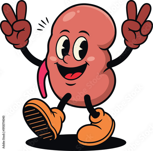 Fun Cartoon Vector Illustration of a Happy Lungs Character Making Peace Signs with a Smiling Face and Cartoon Shoes, A Whimsical Graphic for Health Education and Medical Awareness Campaigns