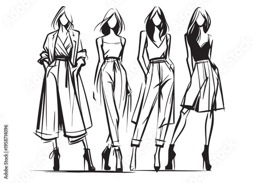 abstract fashion models sketch in pants, line art sketch style