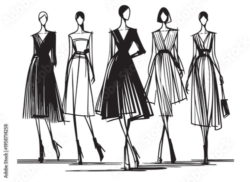 abstract fashion models sketch, line art sketch style