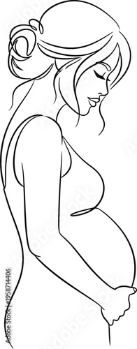 A pregnant woman cradling her belly with a serene expression
