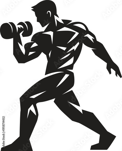 Muscular man lifting dumbbells in a dynamic stylized black and white illustration