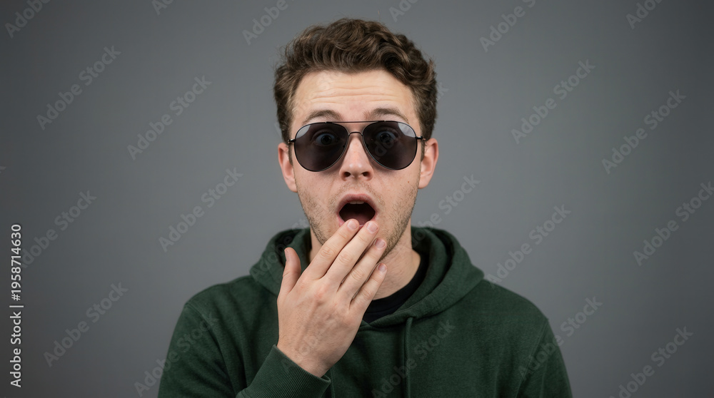 Fototapeta premium Surprised Young Man Wearing Sunglasses Expressing Shock or Amazement