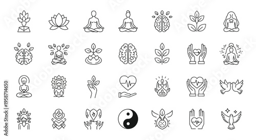 Collection of delicate line art icons representing mindfulness and wellbeing