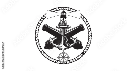 Detailed illustration of a naval anchor with maritime symbols and compass design.