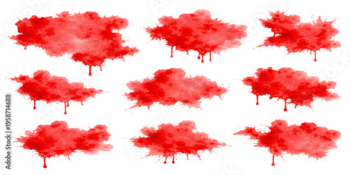 Set of red paint and ink splashes featuring grunge watercolor textures and liquid blood splatters as artistic design elements for a vector illustration