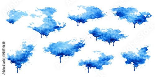 A set of blue watercolor ink splashes and artistic paint splatters creates a colorful grunge texture design element with decorative brush stains on a paper vector illustration background