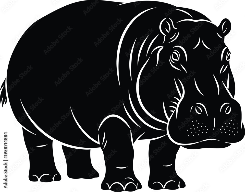 Obraz premium Black and white illustration of a hippopotamus