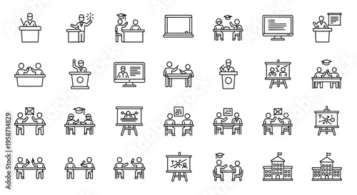 Line art icons depicting various scenes of education and learning