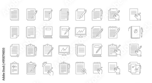 Collection of line art icons depicting documents writing and office work