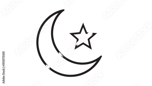 Minimalist Illustration of Crescent Moon and Star Symbol in Black Line Art.