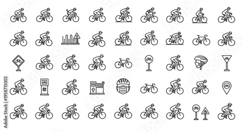 Collection of black and white line icons depicting cyclists and cycling elements