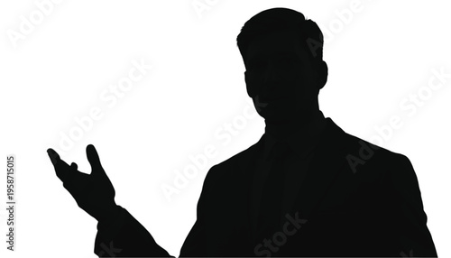 Speaker silhouette gestures with open hand while presenting information against a bright white backdrop.