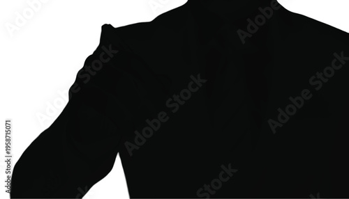 Close up torso silhouette of a man wearing a tailored jacket shows strong shoulder line on white.