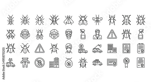 Collection of line art icons depicting insects pest control and safety