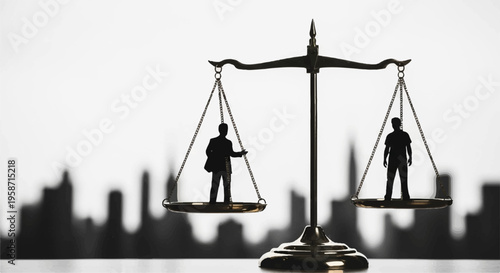 Justice scale with silhouetted men on each side city skyline background equality concept