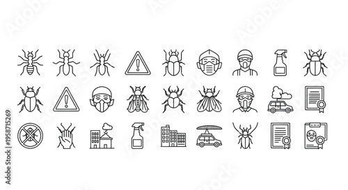 Line art icons depicting insects pest control and related services