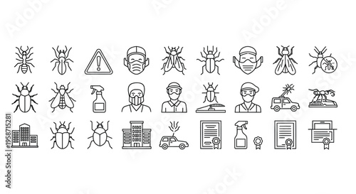 Line art icons depicting insects pest control and building safety
