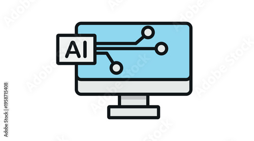 Light blue and grey icon of a desktop computer with AI letters and circuit connections. Modern vector illustration representing artificial intelligence computing, digital technology