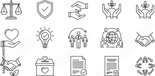 Corporate Social Responsibility Line Icons Set with Charity, Sustainability, Partnership, Ethics, and Community Support Symbols for Business and NGO DesignCorporate 