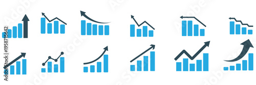 Graph going Up and Down sign with green and red arrows vector. Flat design vector illustration concept of sales bar chart symbol icon with arrow moving down and sales bar chart with arrow moving up
