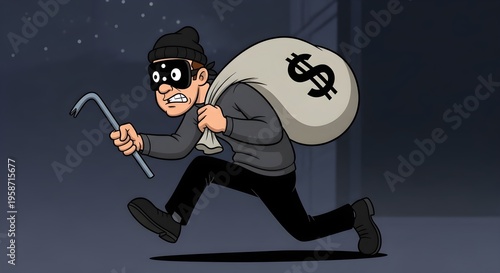 Cartoon thief running with money bag and crowbar at night
