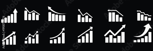 Graph going Up and Down sign with green and red arrows vector. Flat design vector illustration concept of sales bar chart symbol icon with arrow moving down and sales bar chart with arrow moving up