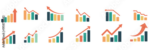 Business chart icon set showing growth and decline trends. Bar graphs with up and down arrows for analytics statistics financial performance revenue increase sales growth profit loss 