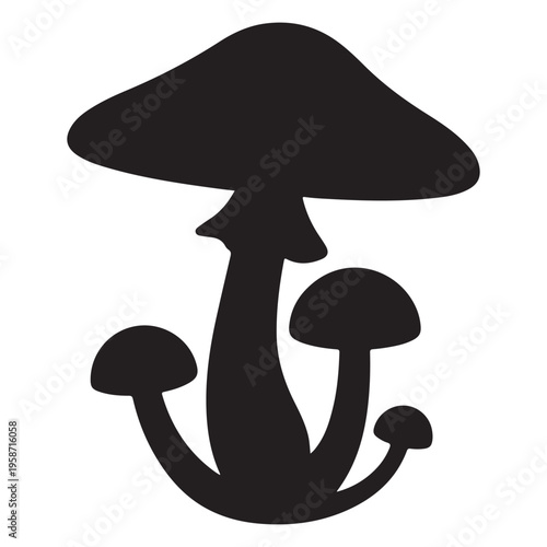 A cluster of black mushrooms is depicted in a simple graphic style silhouette