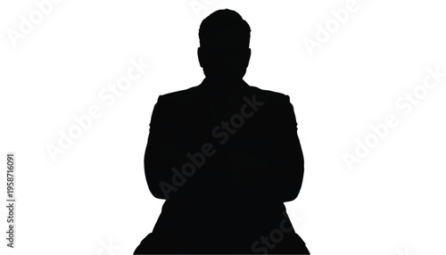 Silhouette of a seated businessman figure wearing a suit jacket against a white background.
