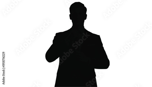 Black silhouette of a person in formal attire gesturing or interacting with an invisible object in front.
