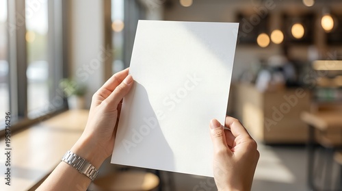 Blank Card Mockup Held in Hands - POV Cafe Lifestyle View