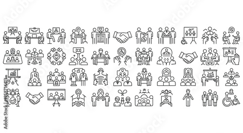 Collection of linear icons depicting various business meeting and teamwork scenarios