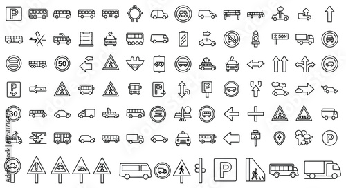 Collection of black and white road signs and traffic symbols