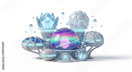 A futuristic cityscape with a large crystal structure and vibrant colors